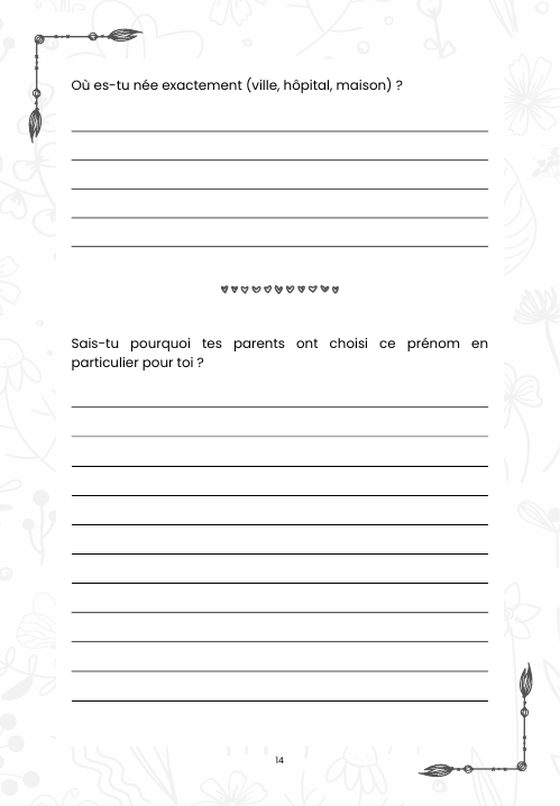 Page de questions avec lignes pour écrire