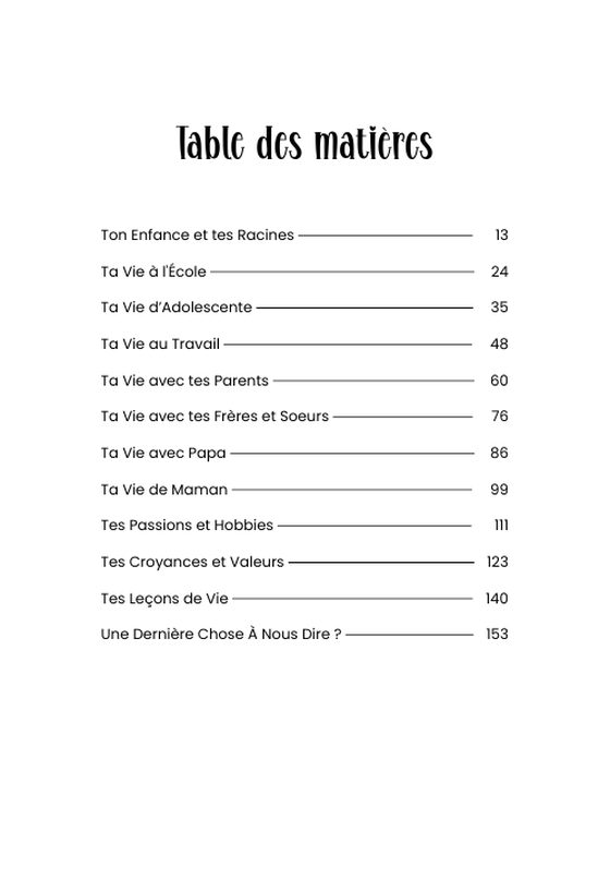 Table des matières du journal, 12 chapitres